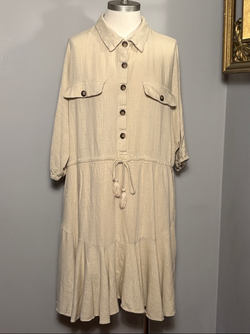 Grace + Karma 3X Linen Blend Light Cream Button Front Shirt Dress